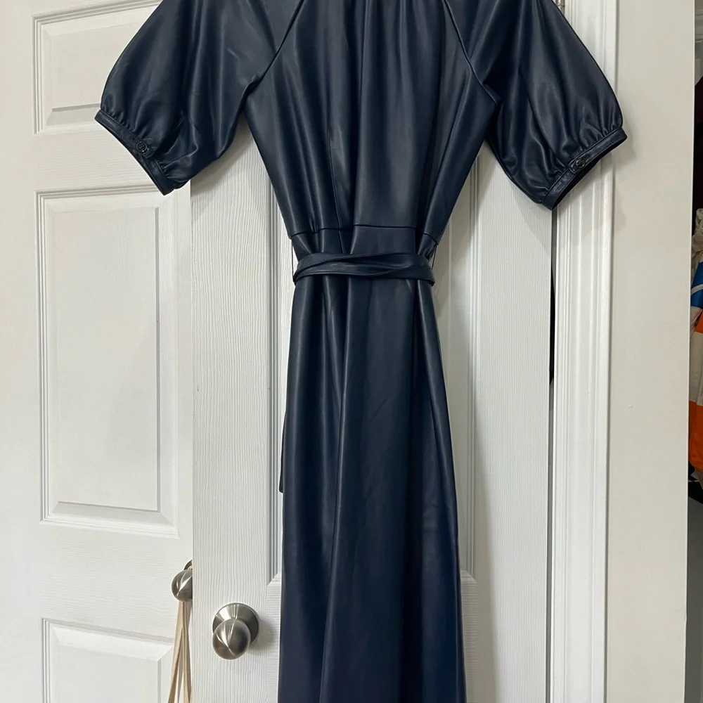 Ann Taylor Navy Faux-Leather Button-Front Midi Dress with Tie Waist - Picture 3 of 8